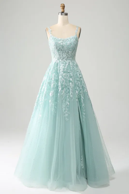 Glitter Mint A-Line Spaghetti Straps Tulle Long Prom Dress with Lace sold by Wedtrend