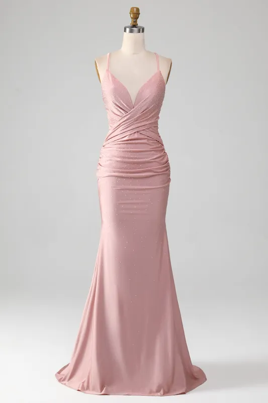 Sparkly Blush Mermaid Spaghetti Straps Beaded Long Prom Dress sold by Wedtrend