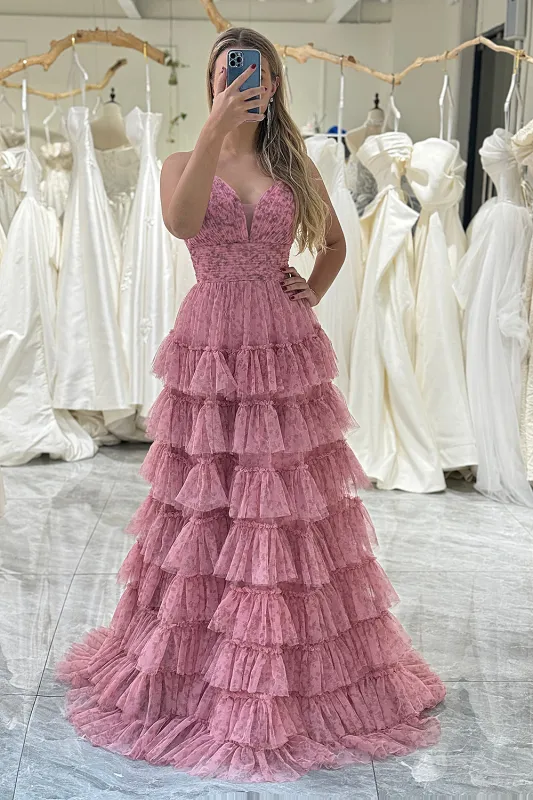 Pink A-Line Spaghetti Straps Layered Tulle Prom Dress with Floral Printed made by Wedtrend
