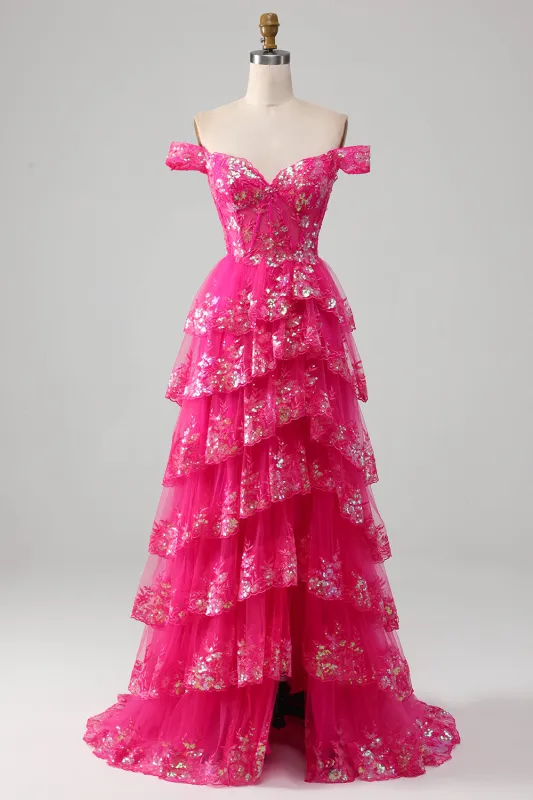 Fuchsia A-Line Off The Shoulder Sparkly Sequin Tiered Prom Dress With Slit made by Wedtrend