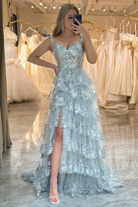 Sparkly Silver A-Line Off The Shoulder Tiered Long Prom Dress made by Wedtrend