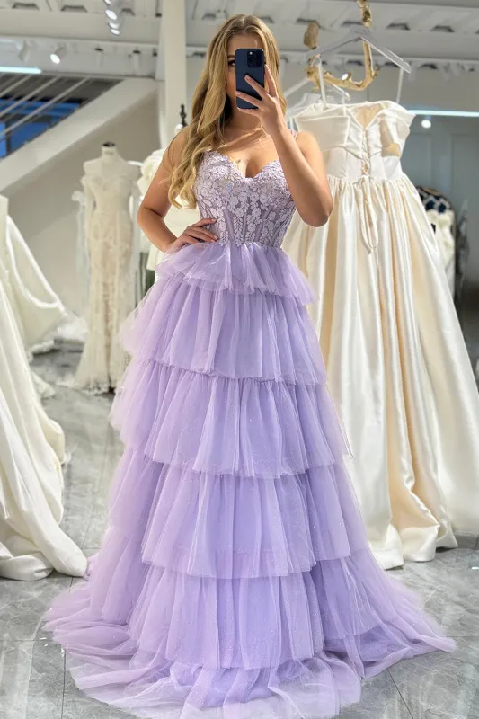 Lilac Tulle A Line Corset Tiered Long Prom Dress With Appliques sold by Wedtrend