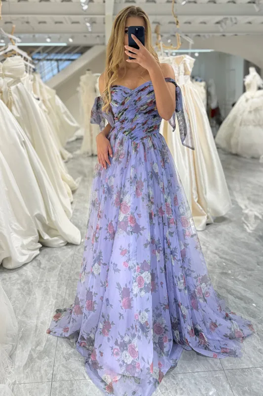 Lavendar A Line Off The Shoulder Pleated Floral Print Long Prom Dress sold by Wedtrend
