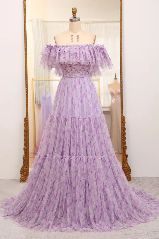 Light Purple A Line Off the Shoulder Pleated Long Tulle Prom Dress sold by Wedtrend