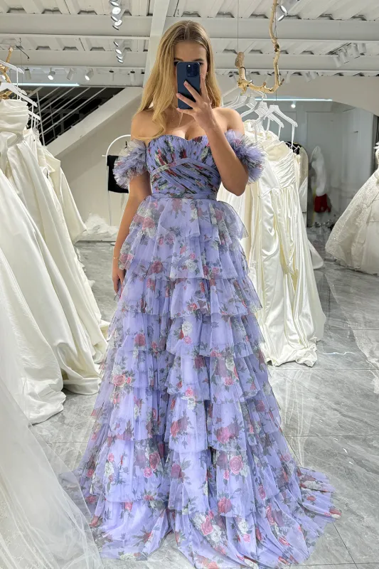 Lavendar A Line Sweetheart Pleated Floral Print Long Tiered Prom Dress made by Wedtrend
