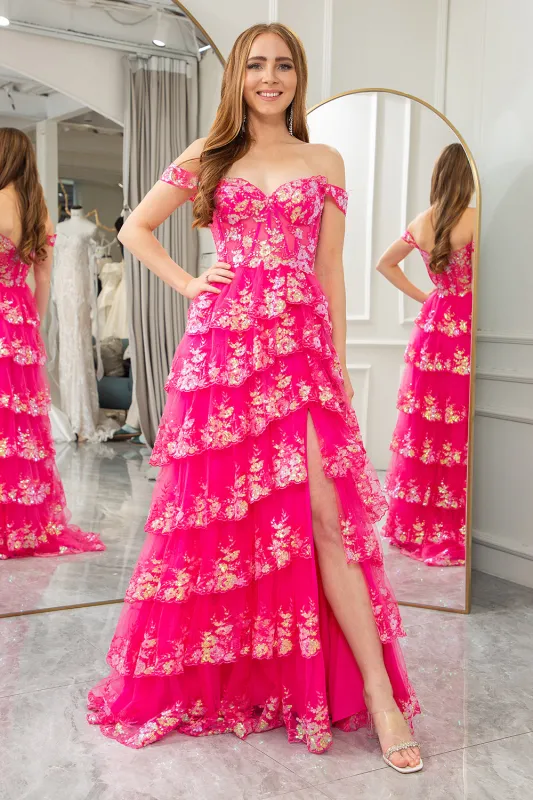 Sparkly Fuchsia A-Line Off The Shoulder Tiered Long Prom Dress with Slit sold by Wedtrend