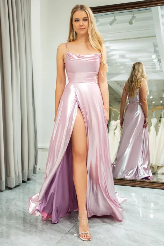 Sparkly Pink A Line Spaghetti Straps Long Prom Dress With Slit made by Wedtrend