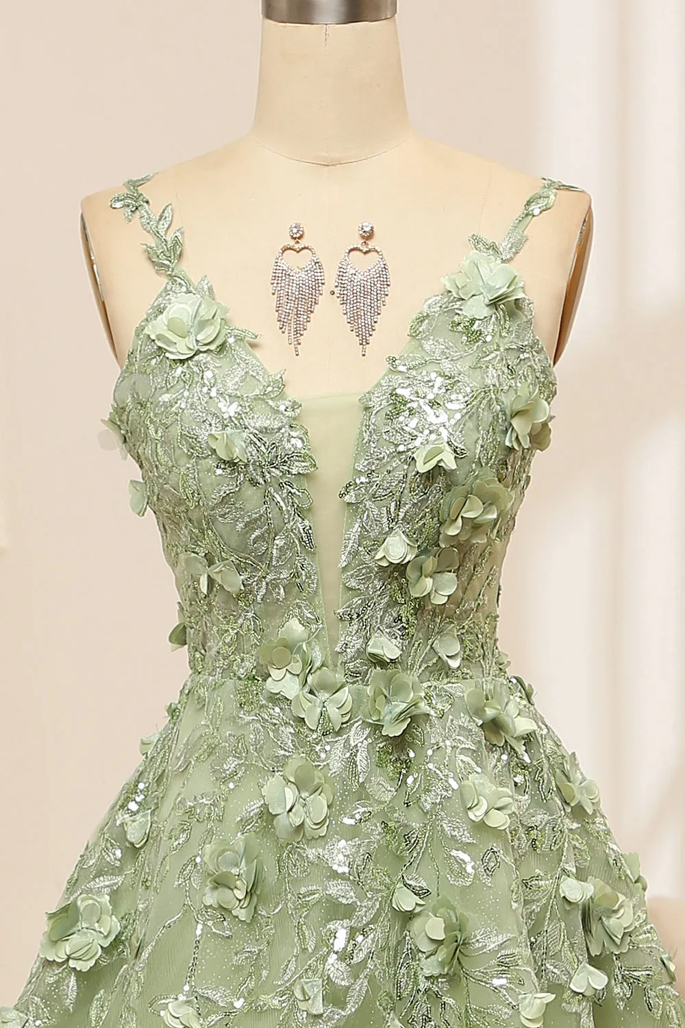 Green A Line Spaghetti Straps Tulle Long Prom Dress With Appliques sold by Wedtrend product image thumbnail 4