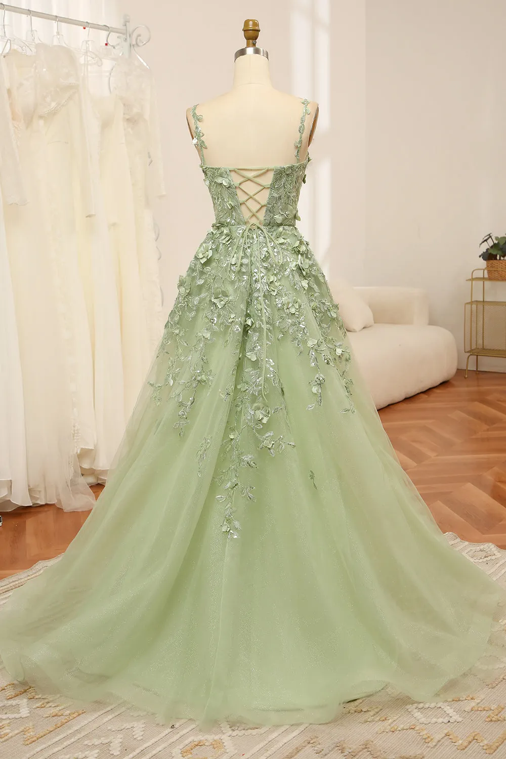 Green A Line Spaghetti Straps Tulle Long Prom Dress With Appliques sold by Wedtrend product image thumbnail 2