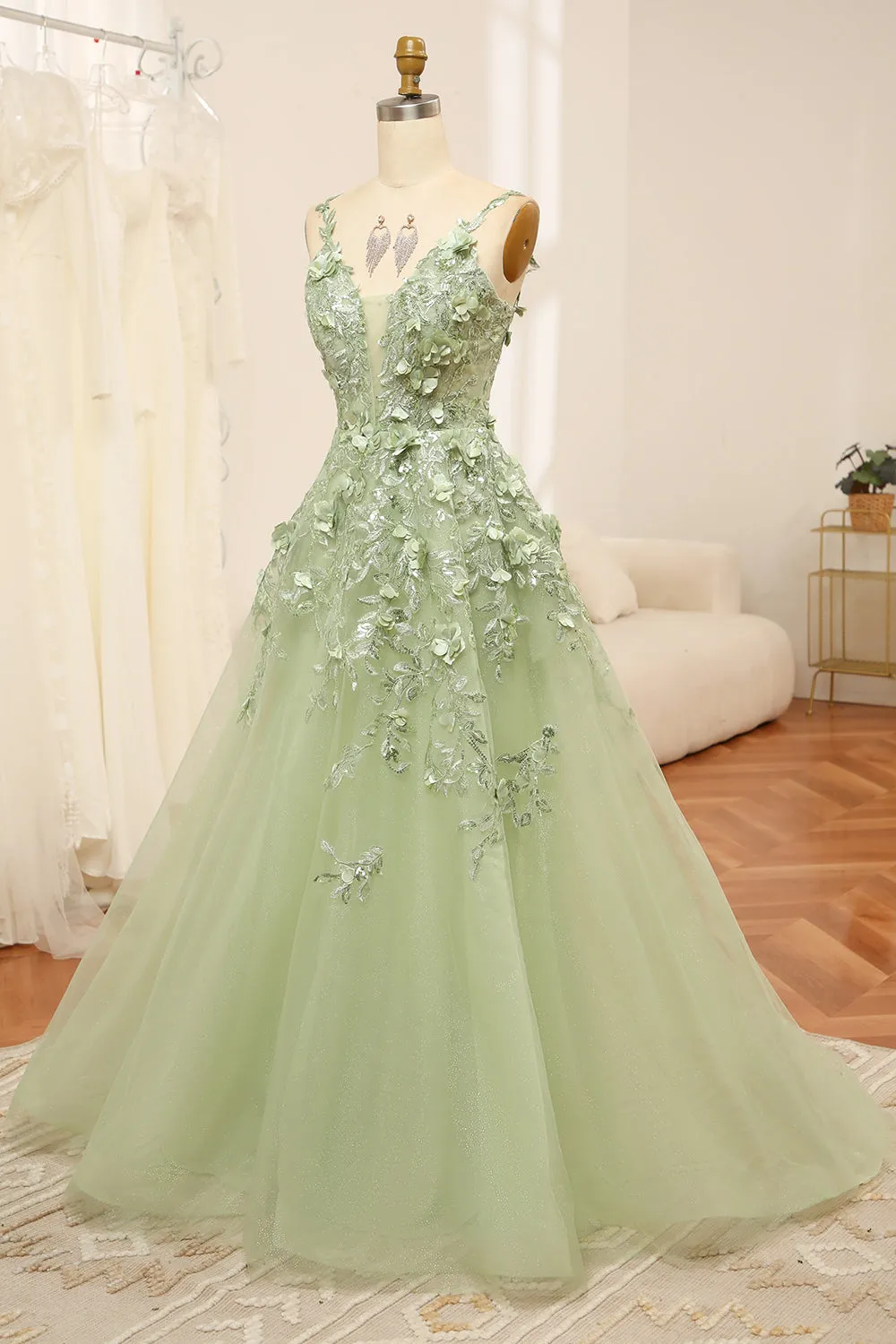 Green A Line Spaghetti Straps Tulle Long Prom Dress With Appliques sold by Wedtrend product image thumbnail 3