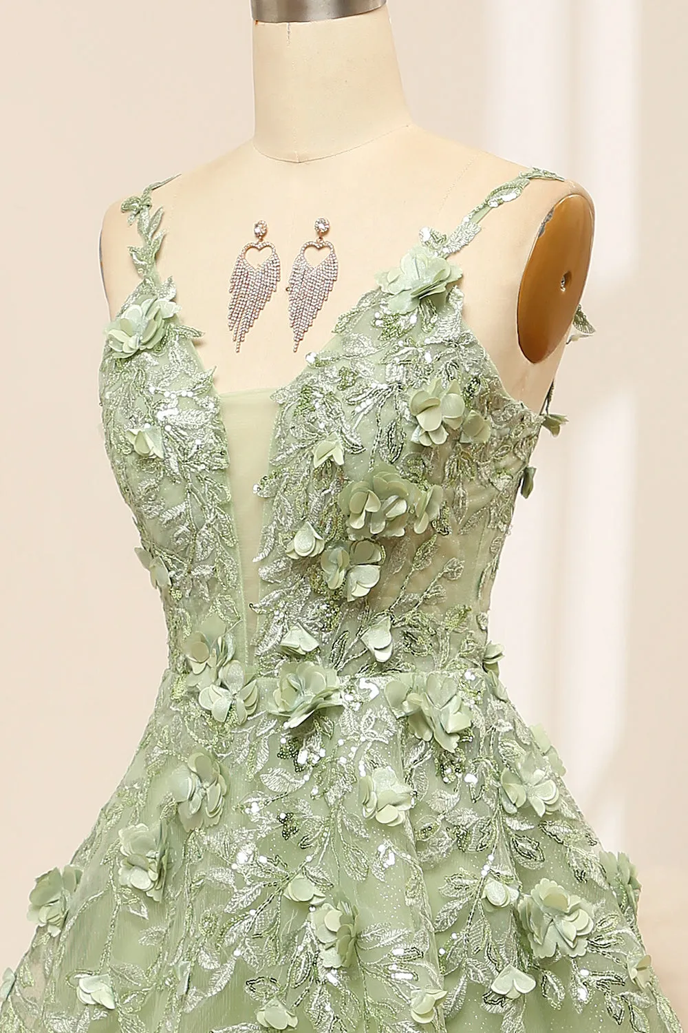 Green A Line Spaghetti Straps Tulle Long Prom Dress With Appliques sold by Wedtrend product image thumbnail 5