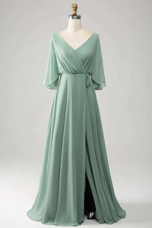 Matcha A Line V Neck Pleated Long Chiffon Bridesmaid Dress with Slit sold by Wedtrend