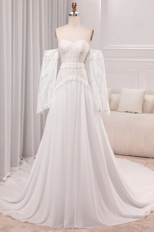 Ivory A Line Sweetheart Long Sleeves Chapel Train Wedding Dresses With Fringe sold by Wedtrend