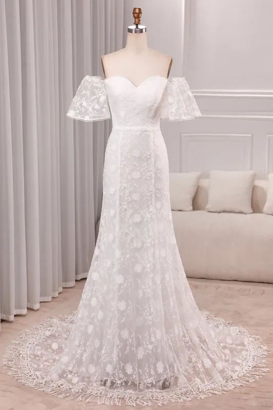 Ivory Mermaid Sweep Train Bridal Dress With Short Sleeves sold by Wedtrend