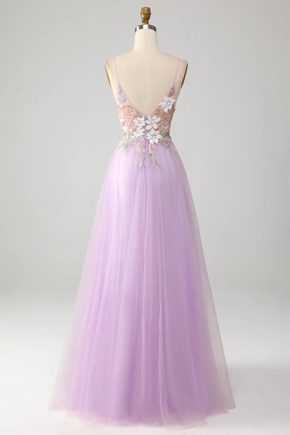 Glitter Lilac A-Line Spaghetti Straps Long Prom Dress with Flowers sold by Wedtrend product image thumbnail 2