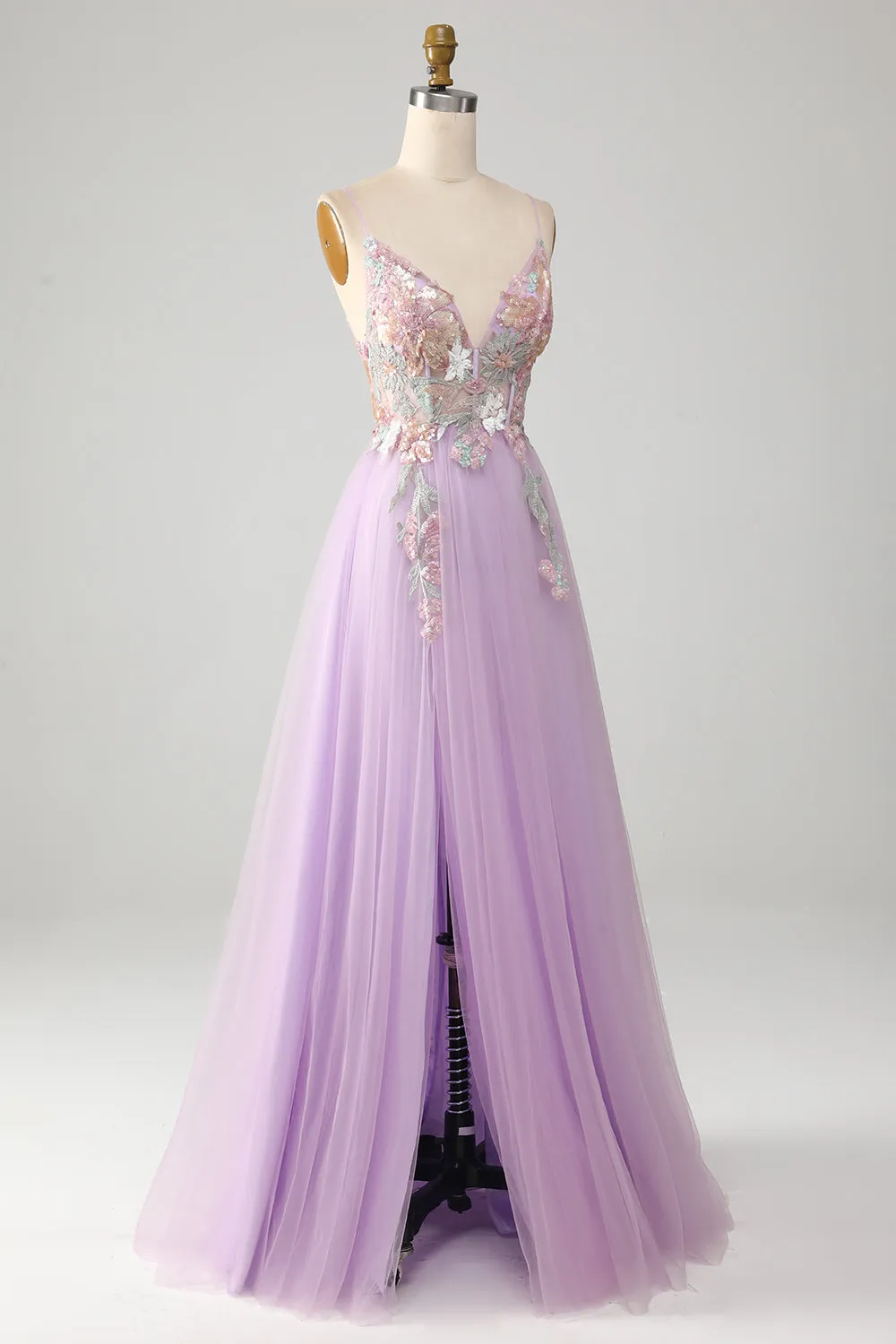 Glitter Lilac A-Line Spaghetti Straps Long Prom Dress with Flowers sold by Wedtrend product image thumbnail 4