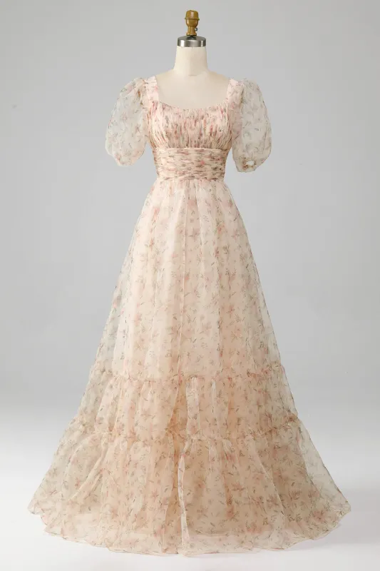 A-Line Floral Print Pleated Tiered Champagne Prom Dress With Puff Sleeves made by Wedtrend