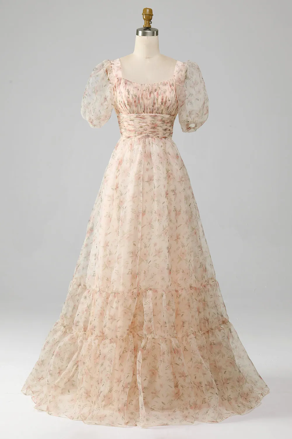 A-Line Floral Print Pleated Tiered Champagne Prom Dress With Puff Sleeves sold by Wedtrend