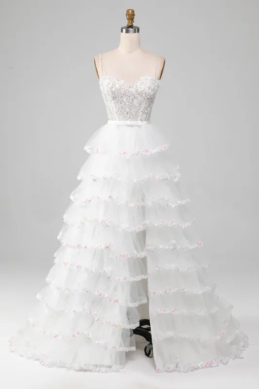 White A-Line Sparkly Sequins Long Corset Wedding Dress With Slit made by Wedtrend