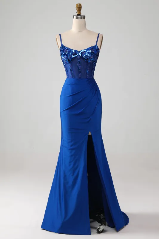 Royal Blue Mermaid Spaghetti Straps Beaded Corset Prom Dress with Slit sold by Wedtrend