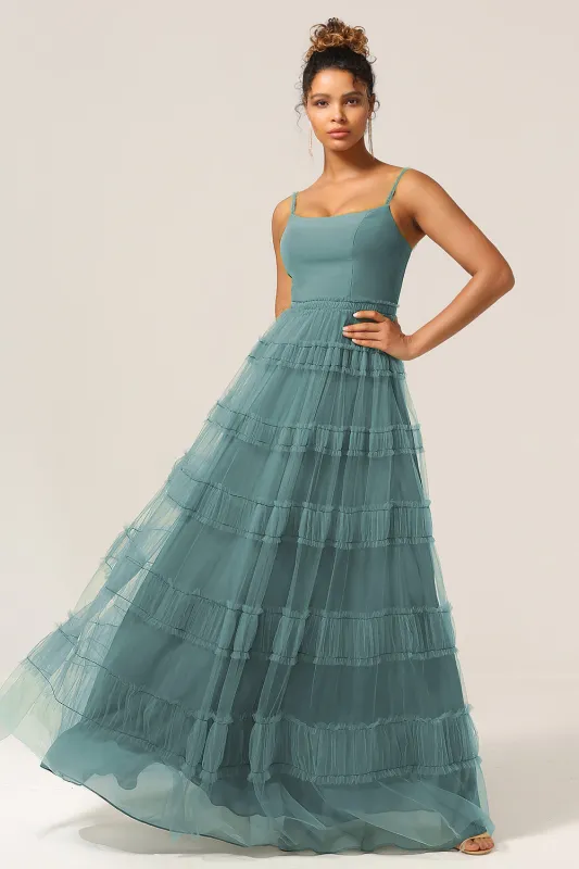 Peacock A Line Spaghetti Straps Tiered Tulle Long Bridesmaid Dress sold by Wedtrend