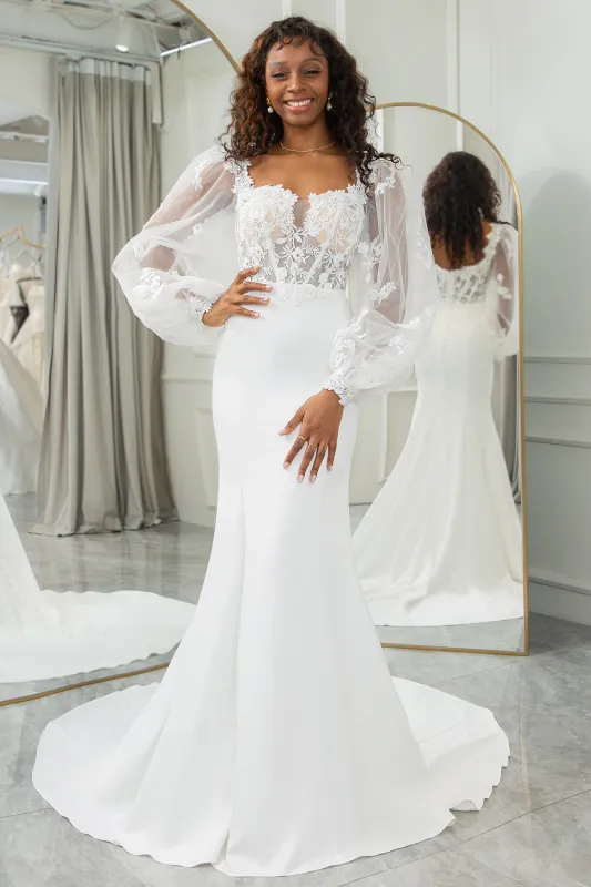 Ivory Mermaid Square Neck Corset Wedding Dress with Long Sleeves made by Wedtrend