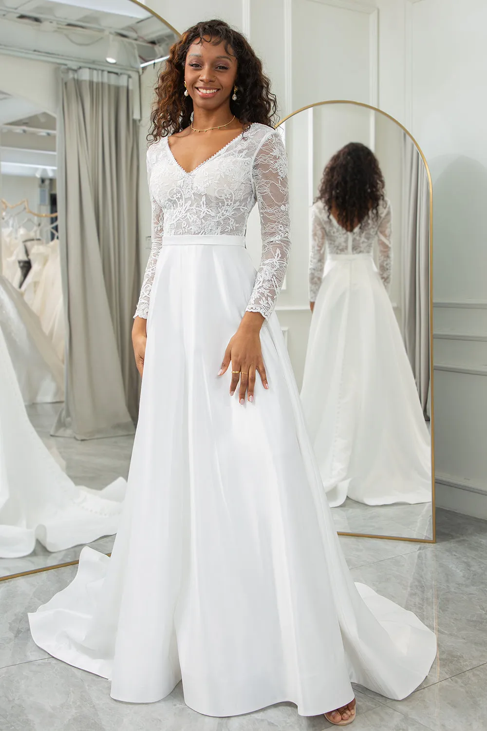 Ivory A-Line V-Neck Sweep Train Satin Wedding Dress with Long Sleeves sold by Wedtrend product image thumbnail 3