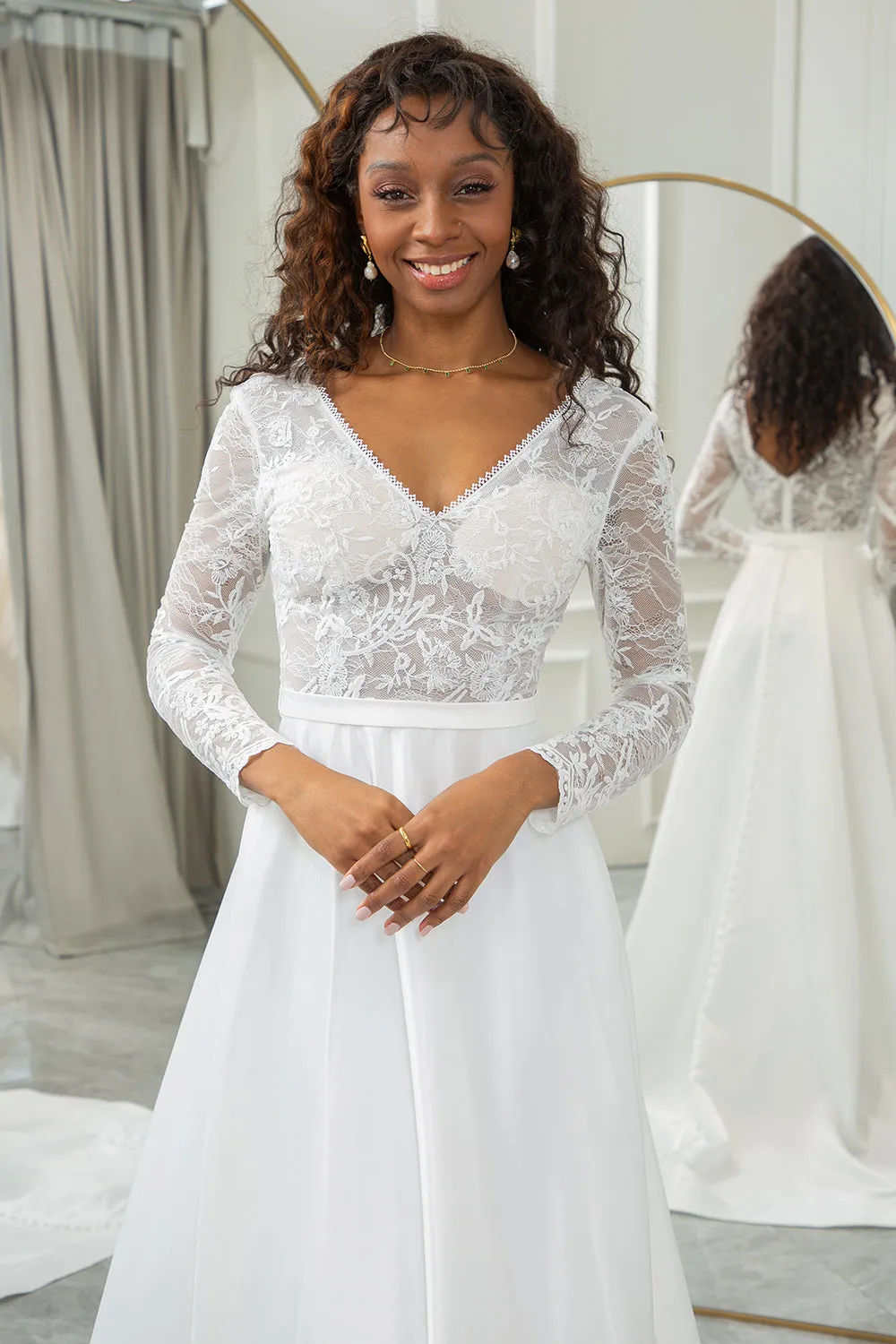 Ivory A-Line V-Neck Sweep Train Satin Wedding Dress with Long Sleeves sold by Wedtrend product image thumbnail 4