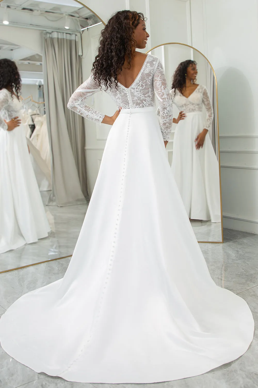 Ivory A-Line V-Neck Sweep Train Satin Wedding Dress with Long Sleeves sold by Wedtrend product image thumbnail 2