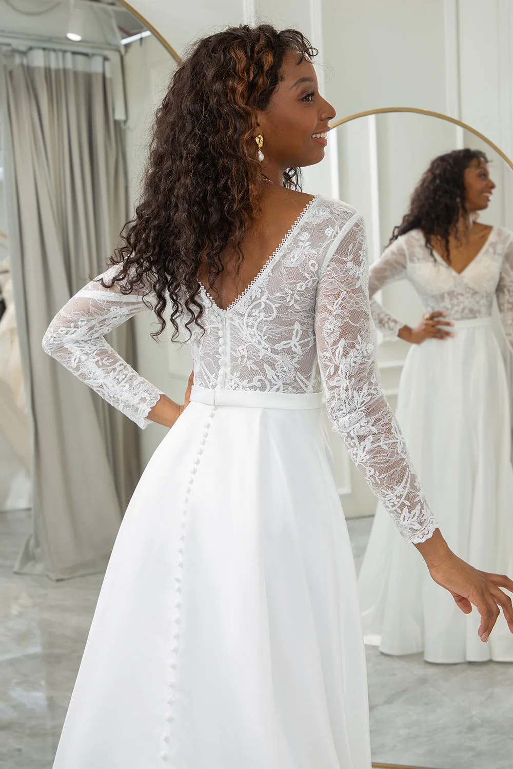 Ivory A-Line V-Neck Sweep Train Satin Wedding Dress with Long Sleeves sold by Wedtrend product image thumbnail 5