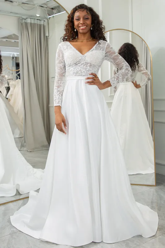 Ivory A-Line V-Neck Sweep Train Satin Wedding Dress with Long Sleeves sold by Wedtrend