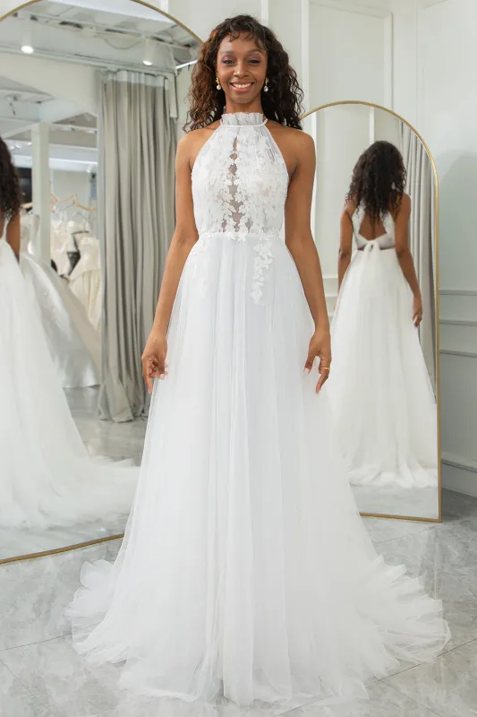 Ivory A-Line Halter Sweep Train Tulle Boho Bridal Dress with Lace sold by Wedtrend