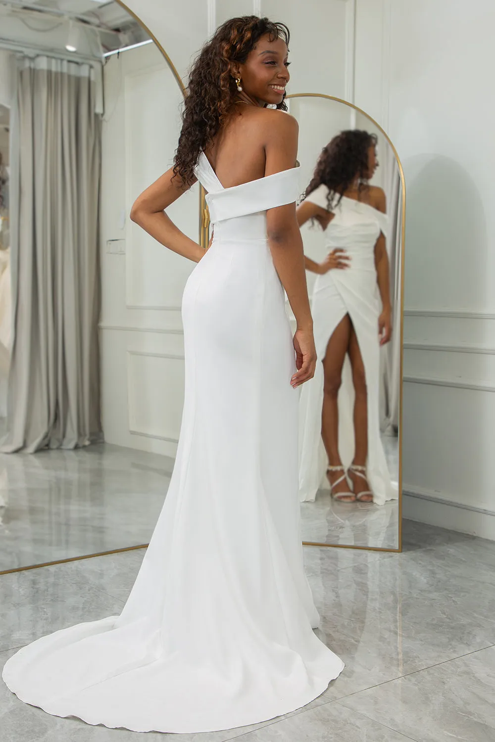Ivory Mermaid Straight Neck Sweep Train Satin Wedding Dress with Slit sold by Wedtrend product image thumbnail 2