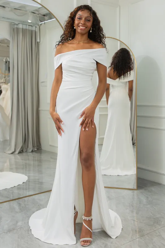 Ivory Mermaid Straight Neck Sweep Train Satin Wedding Dress with Slit made by Wedtrend