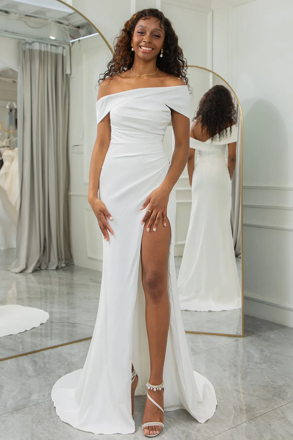Ivory Mermaid Straight Neck Sweep Train Satin Wedding Dress with Slit sold by Wedtrend