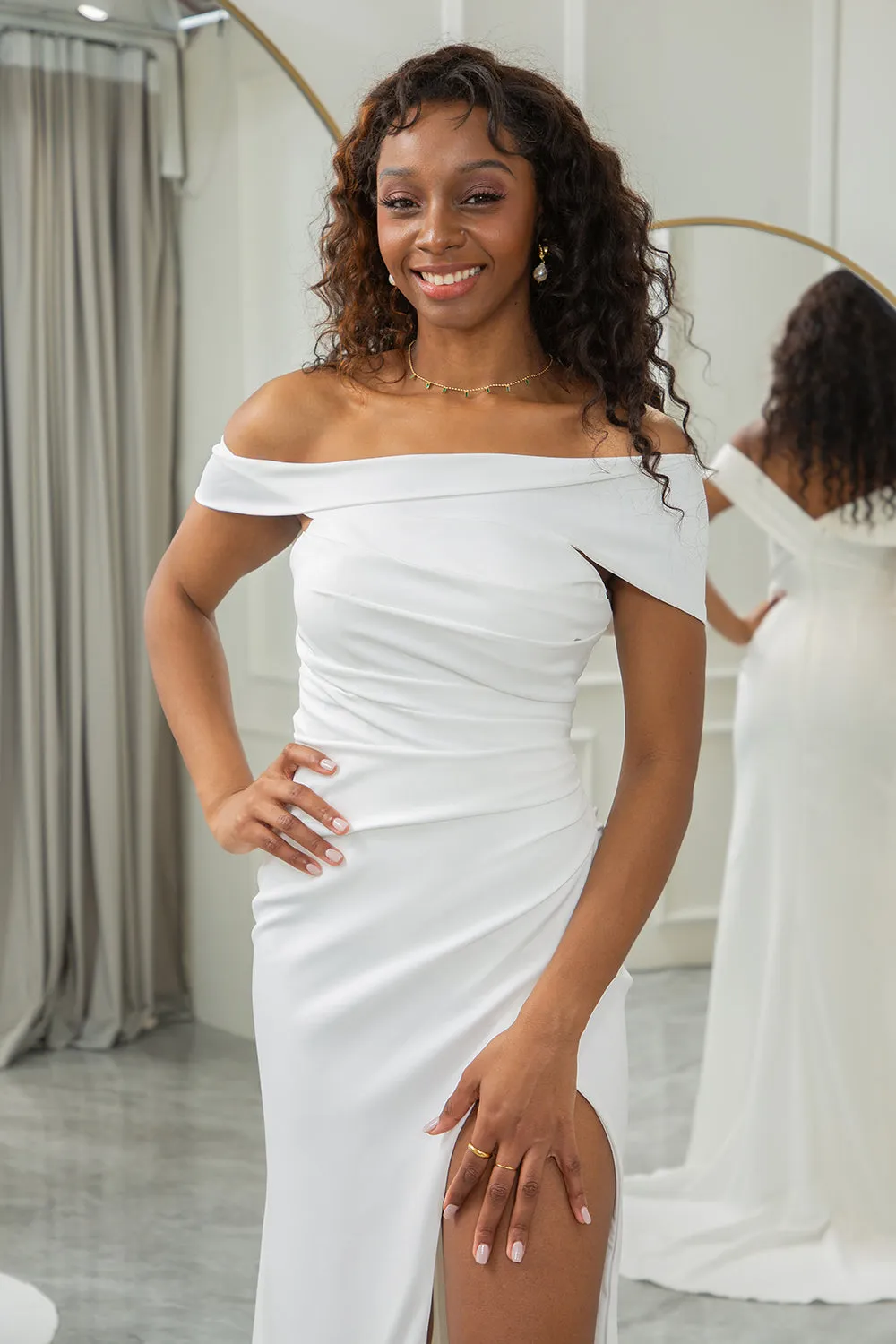 Ivory Mermaid Straight Neck Sweep Train Satin Wedding Dress with Slit sold by Wedtrend product image thumbnail 4