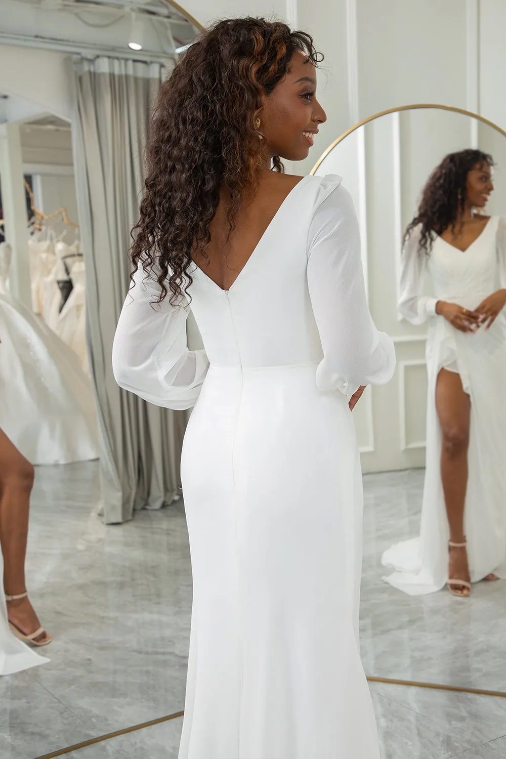 Ivory A-Line V-Neck Long Sleeves Chiffon Bridal Dress With Slit sold by Wedtrend product image thumbnail 5