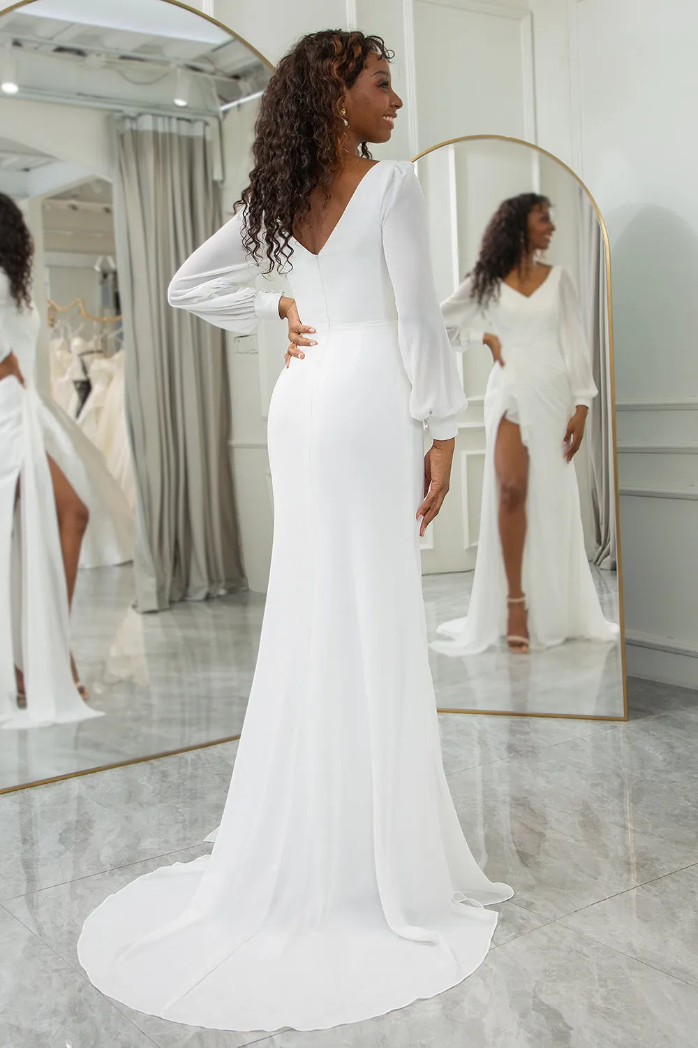 Ivory A-Line V-Neck Long Sleeves Chiffon Bridal Dress With Slit sold by Wedtrend product image thumbnail 2
