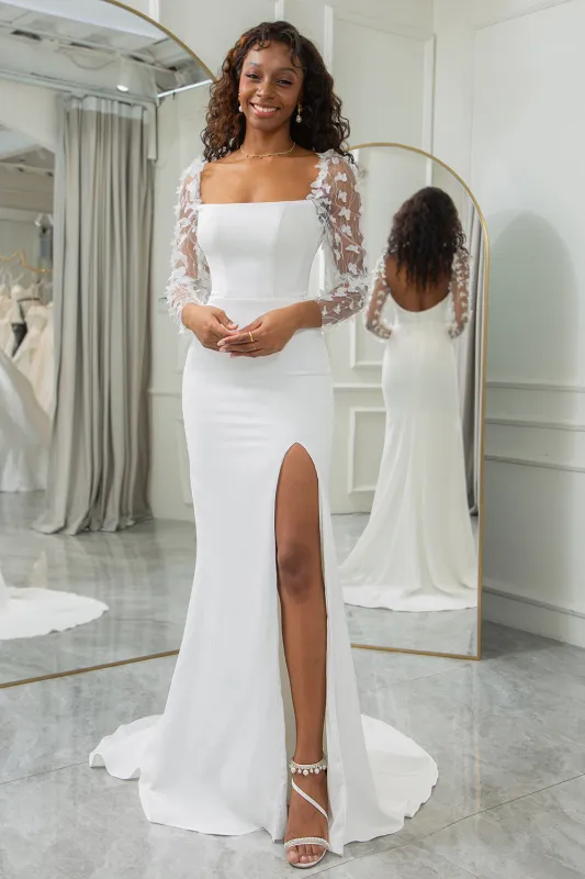 Ivory Mermaid Square Neck Sweep Train Satin Wedding Dress with 3D Butterflies made by Wedtrend