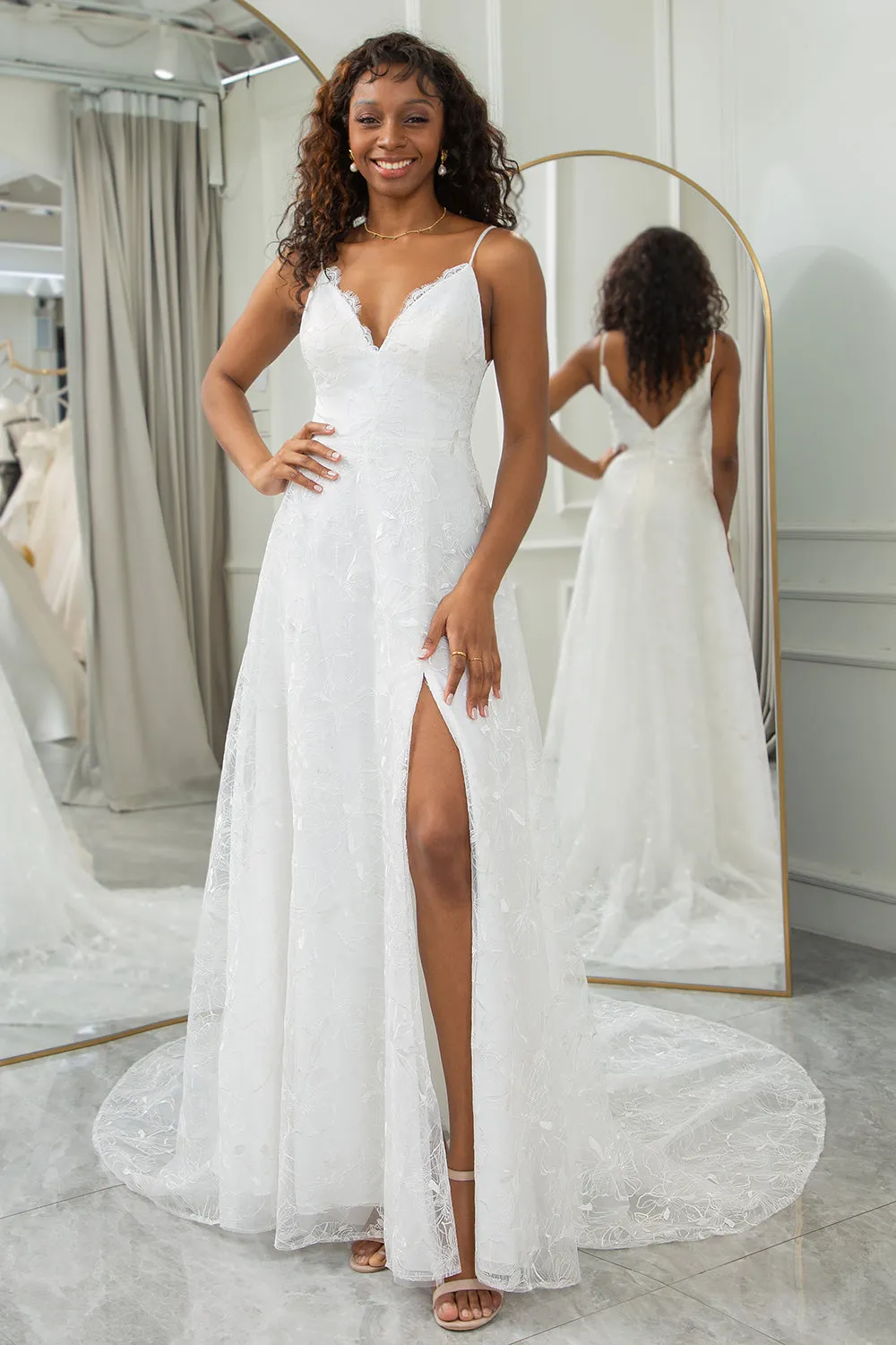 Ivory A Line Spaghetti Straps Lace Chapel Train Wedding Dresses With Slit sold by Wedtrend