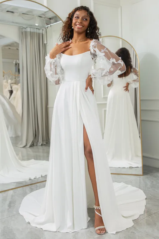 Ivory A Line Long Chiffon Wedding Dress With 3D Butterflies Long Sleeves made by Wedtrend