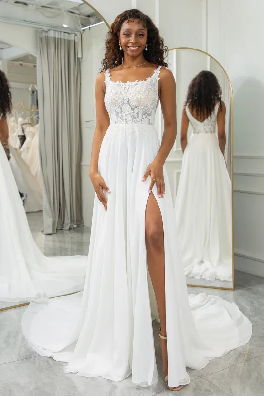 Ivory A Line Square Neck Corset Long Chiffon Lace Wedding Dress With Slit made by Wedtrend