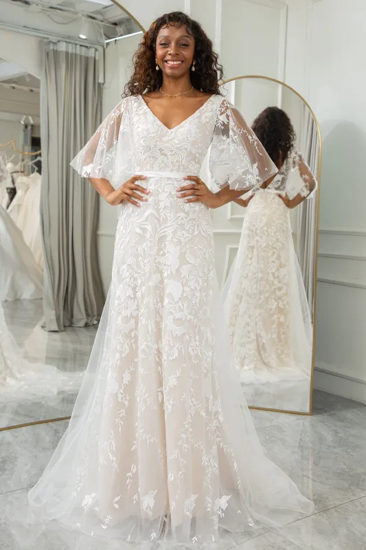 A Line V-Neck Long Lace Wedding Dress With Short Sleeves sold by Wedtrend
