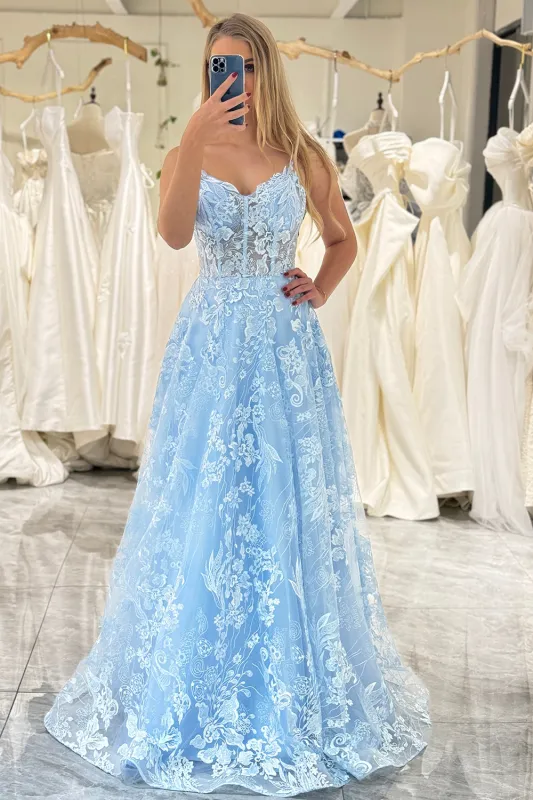 Sky Blue A Line Spaghetti Straps V Neck Tulle Long Corset Prom Dress With Appliques sold by Wedtrend