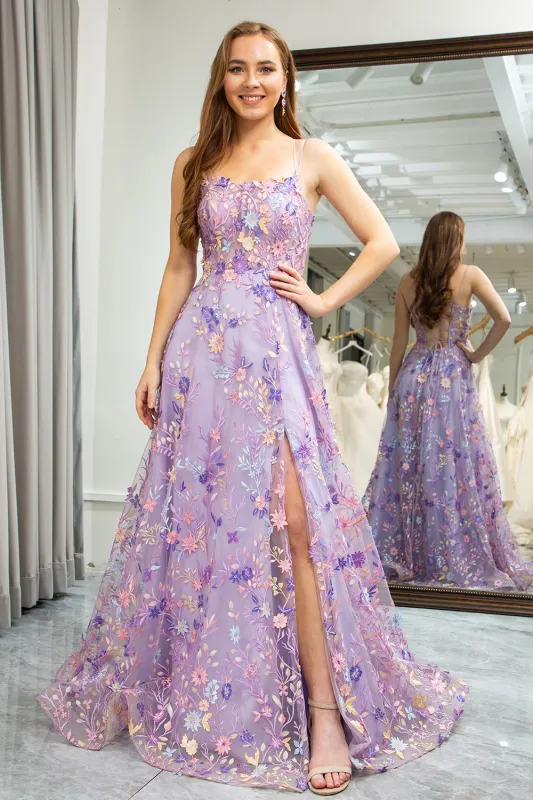 Mauve A Line Spaghetti Straps Front Slit Tulle Applique Long Prom Dress With Embroidery sold by Wedtrend