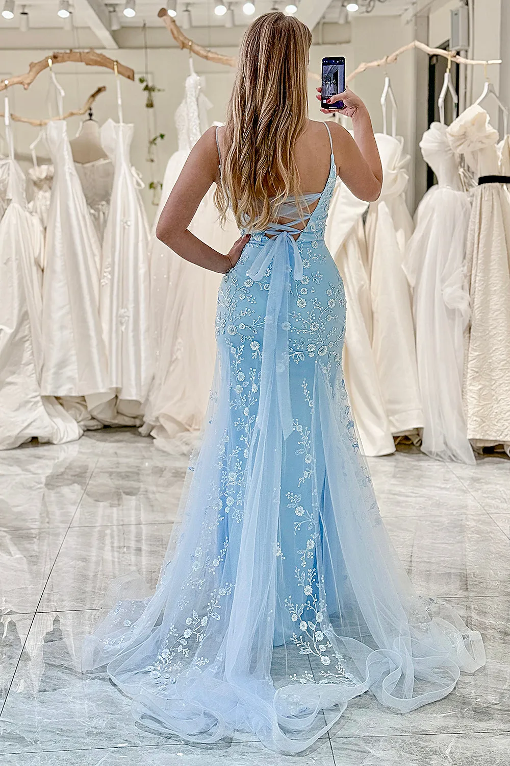 Mermaid Spaghetti Straps Long Blue Prom Dress With Appliques sold by Wedtrend product image thumbnail 2