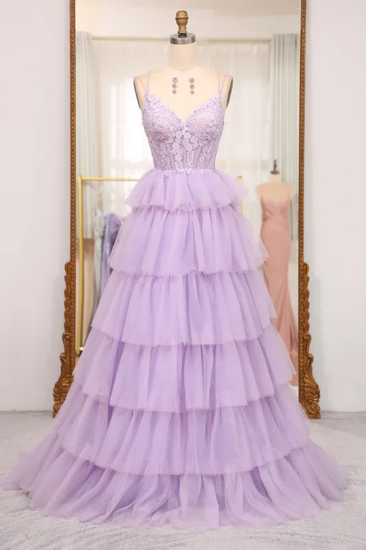 Elegant Lilac A Line Tulle Tiered Long Corset Prom Dress With Appliques sold by Wedtrend