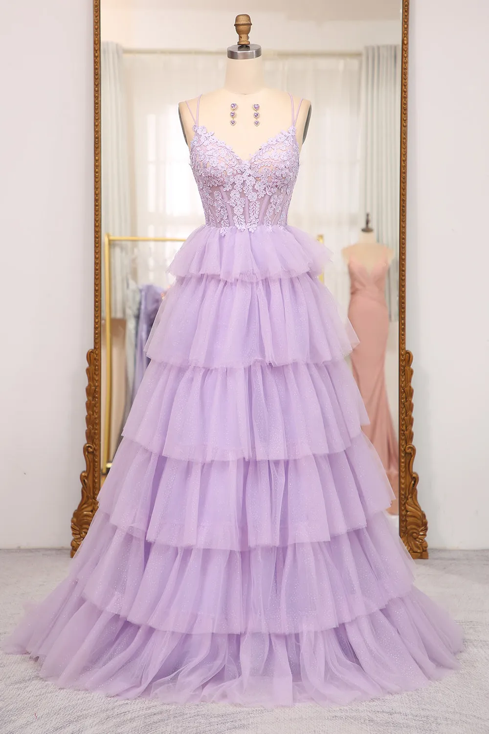 Elegant Lilac A Line Tulle Tiered Long Corset Prom Dress With Appliques sold by Wedtrend
