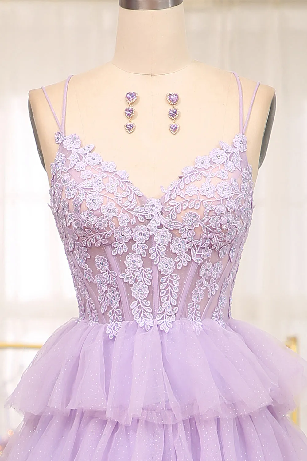 Elegant Lilac A Line Tulle Tiered Long Corset Prom Dress With Appliques sold by Wedtrend product image thumbnail 4