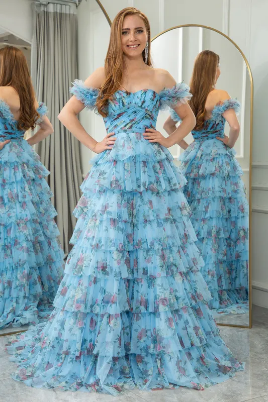 Blue A Line Sweetheart Pleated Floral Print Long Tiered Prom Dress made by Wedtrend